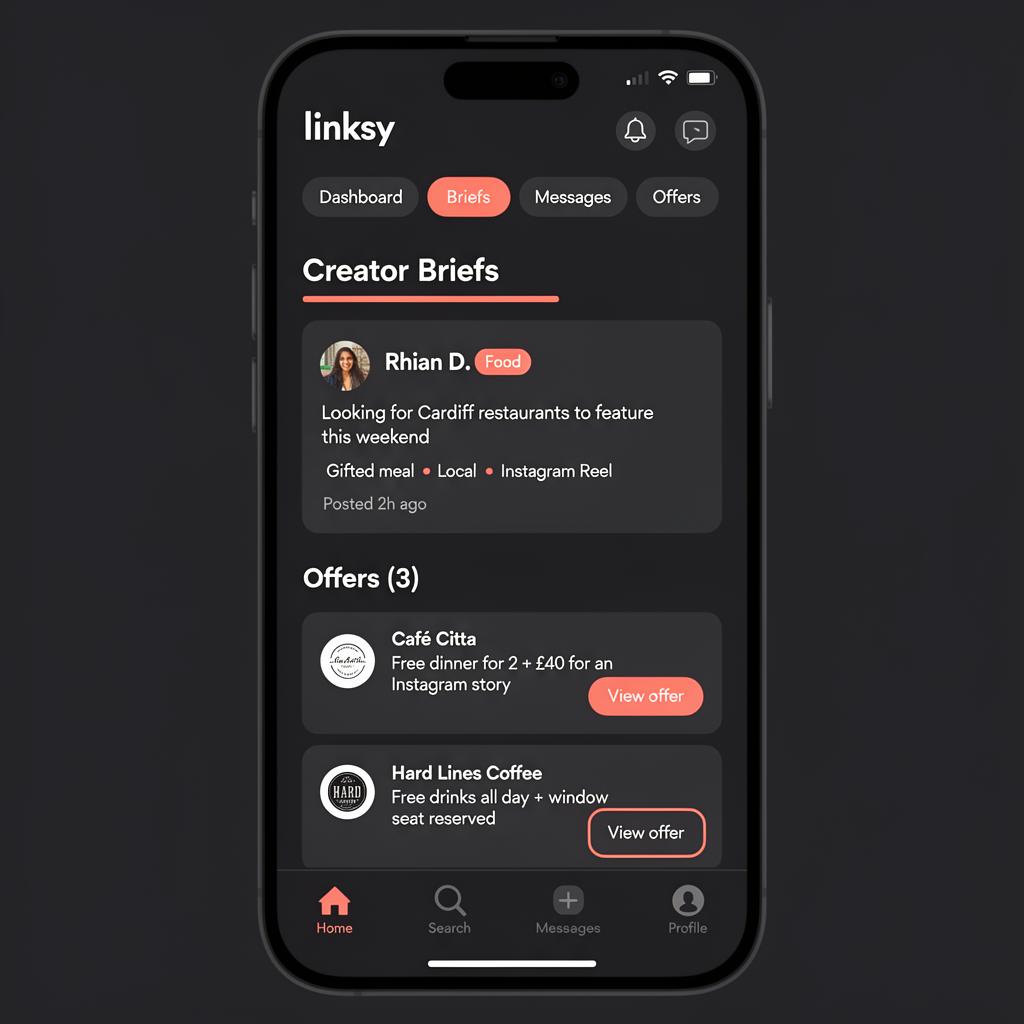 Example of the Linksy app showing a creator brief from Rhian D. with brand offers from Café Citta and Hard Lines Coffee
